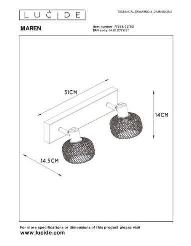 Plafonnier 2 spots Maren de Lucide - dessin technique