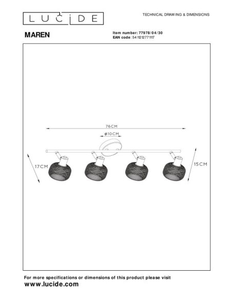 Plafonnier 25 W 4xE14 Métal Noir - MAREN - Lucide