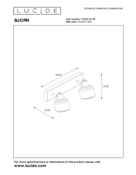 Bjorn de Lucide - plafonnier 2 spots orientables - dessin technique