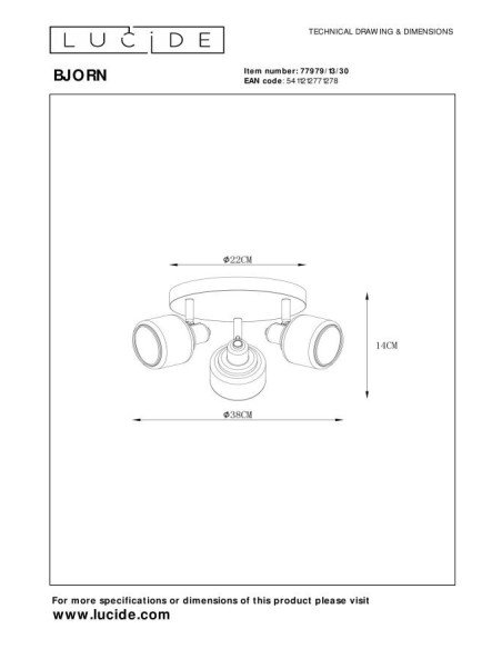 Bjorn 3 points lumineux de Lucide - dessin technique