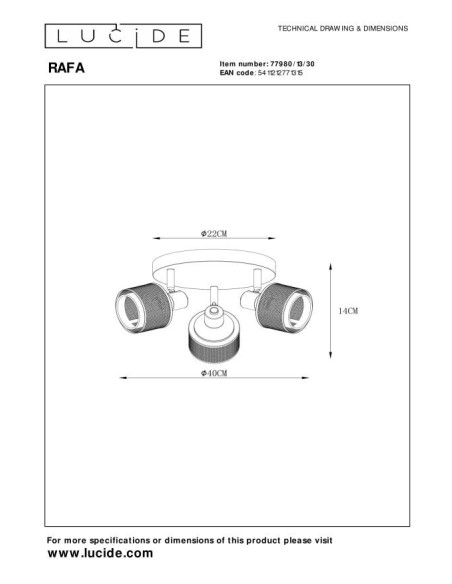 Rafa de Lucide - spot 3 sources lumineuses - dessin technique