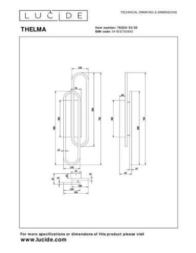 Thelma de Lucide - Applique murale Led double  - dessin technique