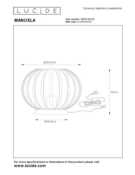 Lampe de table Manuela de Lucide - dessin technique