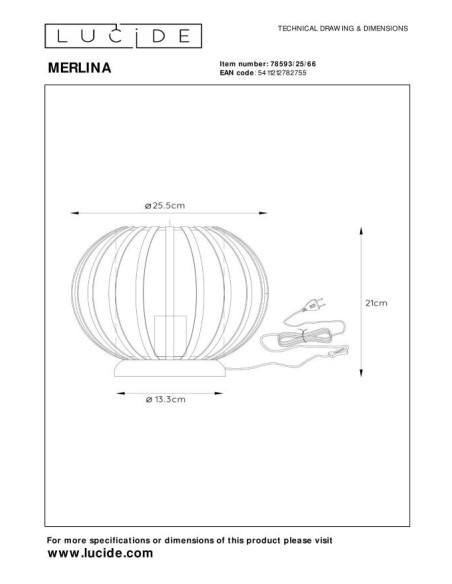 Lampe à poser Merlina de Lucide - dessin technique