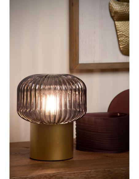 Jany de Lucide - lampe à poser pied or mat - abat jour verre fumé - culot E14