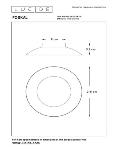 FOSKAL - Lucide -plafonnier led intégrée , 6 W, 2700 K en noir de diamètre 21,5 cm
