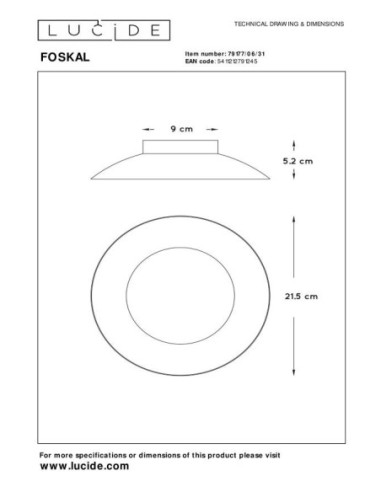 plafonnier led intégrée - FOSKAL - Lucide - 1X6 W, 2700K en blanc