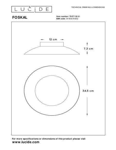 Lucide - FOSKAL - Plafonnier led intégrée ,12 W, 2700 K en Laiton