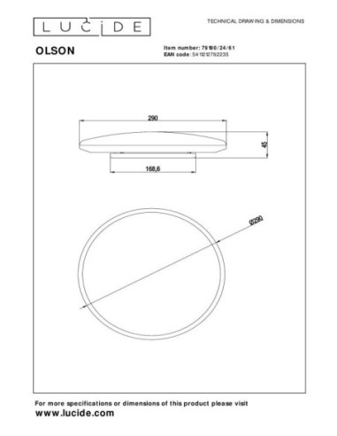 Plafonnier Led Olson de Lucide - 29 cm - dessin technique