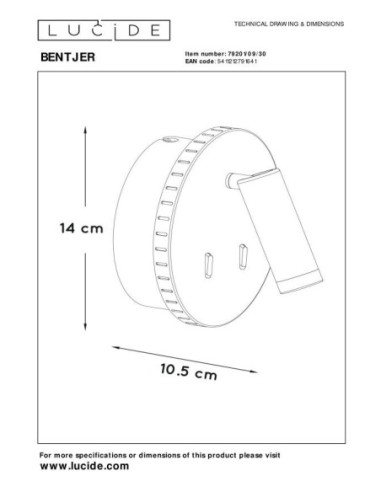 Appliqe murale Led Bentjer de Lucide - dessin technique