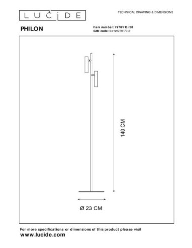 Lampadaire/liseuse Phimon - Lucide - dessin technique