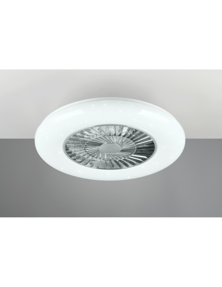 Plafonnier ventilateur VISBY LED installé dans salon contemporain lumineux