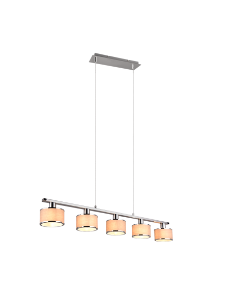 Trio – Kaprun – Suspension 5x E14, tissu gris, métal chromé, design cylindrique