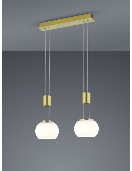 Trio – Madison – Suspension dimmable, LED 8W, abat-jour verre blanc réglable, laiton mat