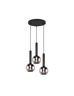 Trio – Clayton – Suspension LED 3xE27, max. 28W, Verre Fumé, Corps Noir Mat