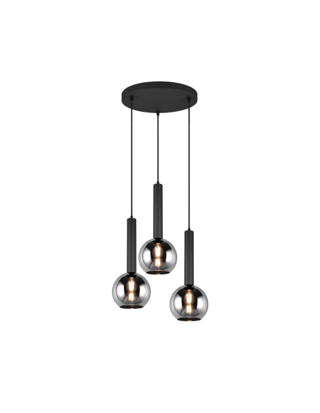 Trio – Clayton – Suspension LED 3xE27, max. 28W, Verre Fumé, Corps Noir Mat