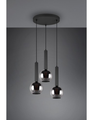 Trio – Clayton – Suspension LED design intemporel, verres chromés et métal noir mat, éclairage chaleureux