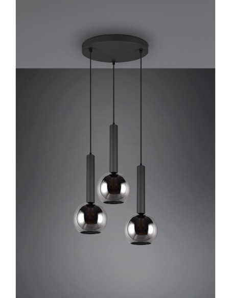 Trio – Clayton – Suspension LED design intemporel, verres chromés et métal noir mat, éclairage chaleureux