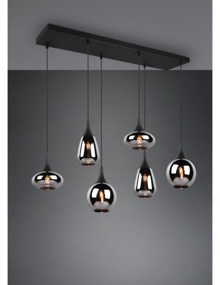 Trio – Lumina – Suspension élégante avec six abat-jours en verre chromé et structure noire mate