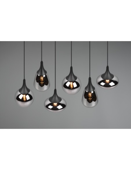 Suspension 6xE14, max. 40W, Verre Chromé, Corps Noir Mat – Trio – Lumina