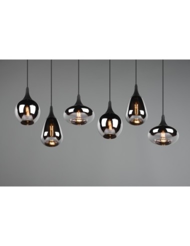 Suspension 6xE14, max. 40W, Verre Chromé, Corps Noir Mat – Trio – Lumina