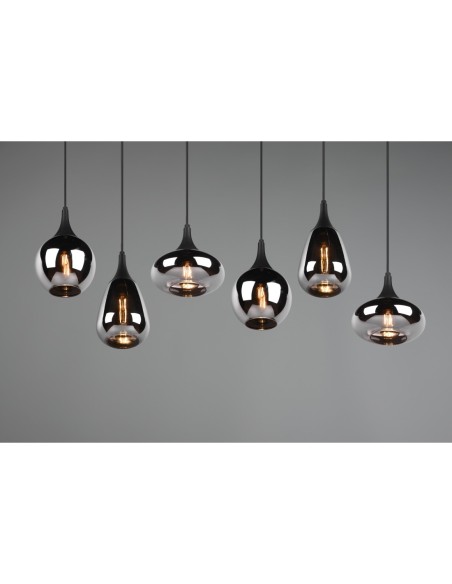 Suspension 6xE14, max. 40W, Verre Chromé, Corps Noir Mat – Trio – Lumina