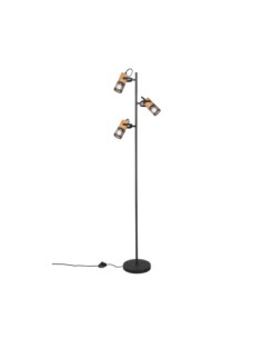 Trio – Tosh – Lampadaire 3xE14 en métal noir mat et bois avec interrupteur pédale