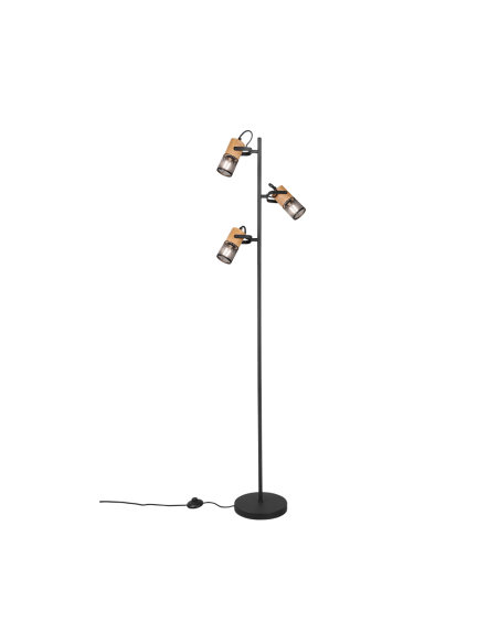Trio – Tosh – Lampadaire 3xE14 en métal noir mat et bois avec interrupteur pédale