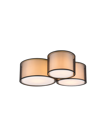 Trio – Burton – Plafonnier 3x E27, abat-jour organza fumé et tissu blanc, noir mat