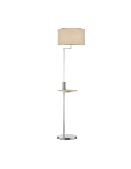 Trio – Claas – Lampadaire 1x E27 max. 60W, abat-jour tissu gris, tablette bois avec port USB/USB-C