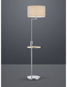 Trio – Claas – Lampadaire 1x E27 max. 60W, abat-jour tissu gris, tablette bois avec port USB/USB-C 2
