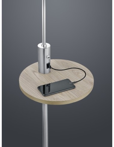 Lampadaire 1xE27, max. 60W, abat-jour tissu gris, tablette bois + USB/USB-C, nickel mat – Trio – Claas  | Trio