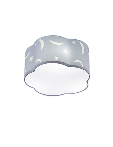 TRIO Moony – Plafonnier enfant 3xE27, tissu bleu pastel, motifs lune/étoile, D40 cm, IP20.