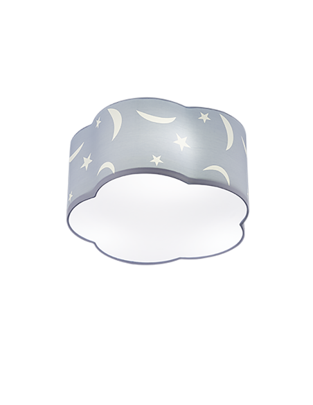 TRIO Moony – Plafonnier enfant 3xE27, tissu bleu pastel, motifs lune/étoile, D40 cm, IP20.
