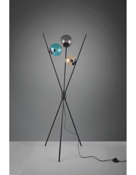 TRIO Lance – Luminaire noir mat, 3 abat-jours en verre coloré, diamètre 60 cm, IP20.
