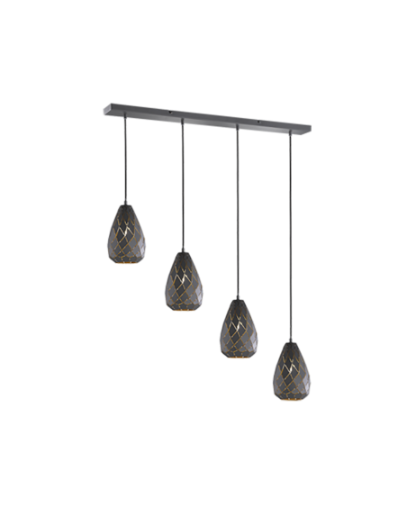 Trio Onyx – Suspension 4 lumières LED compatible E27, max 42W design géométrique anthracite et intérieur doré