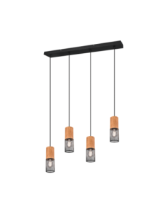Trio Tosh – Suspension 4 lumières E27, design bois et métal noir mat, style moderne