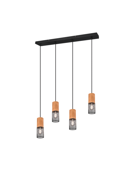 Trio Tosh – Suspension 4 lumières E27, design bois et métal noir mat, style moderne