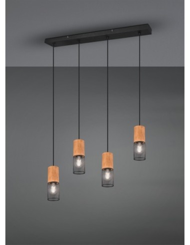 Trio Tosh – Luminaire suspendu 4xE27, mélange chaleureux de bois naturel et métal