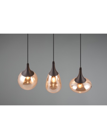 Suspension 3 lampes culot E14 verre ambré métal noir - Trio - Lumina