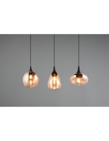 Suspension 3 lampes culot E14 verre ambré métal noir - Trio - Lumina