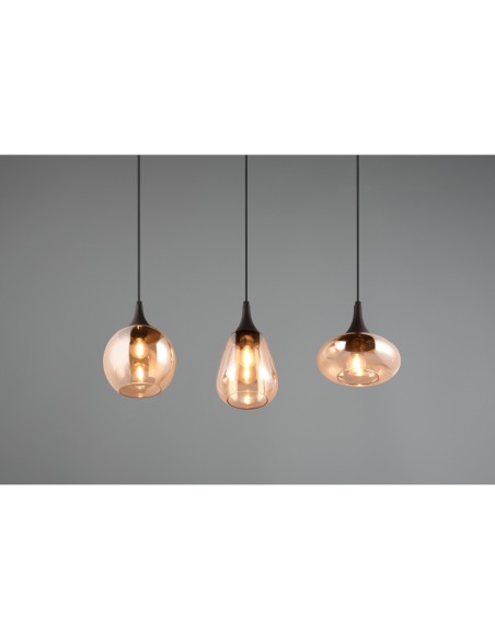 Suspension 3 lampes culot E14 verre ambré métal noir - Trio - Lumina