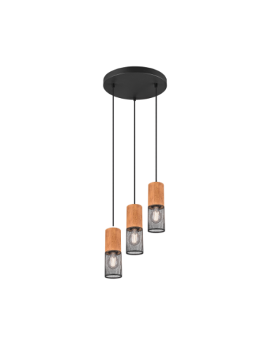 Trio Tosh – Suspension 3xE27, style métal & bois, noir mat, H150cm, Ø28cm