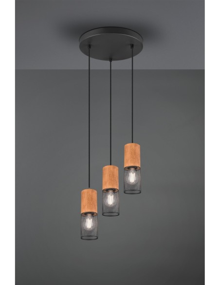 Trio Tosh – Luminaire suspendu moderne, 3 lampes E27, design bois et métal noir mat