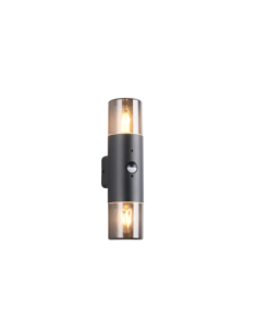 Trio Hoosic – Applique murale 2x E27, détection mouvement, IP44, aluminium noir mat et plastique fumé