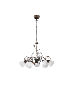 TRIO Traditio – Lustre rouille antique 5xE14, max 40W, métal et verre albâtre, Ø70 cm, H150 cm.
