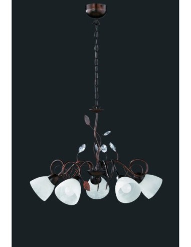 TRIO Traditio – Lustre classique en métal rouille, 5 douilles E14, verre albâtre, pour montage plafond, IP20.