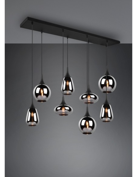 Trio – Lumina – Suspension moderne LED avec abat-jours en verre et métal noir, 8xE14