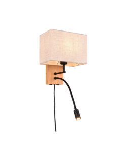 Trio – Nilam – Applique murale LED en bois naturel et tissu blanc, E27 + bras de lecture flexible
