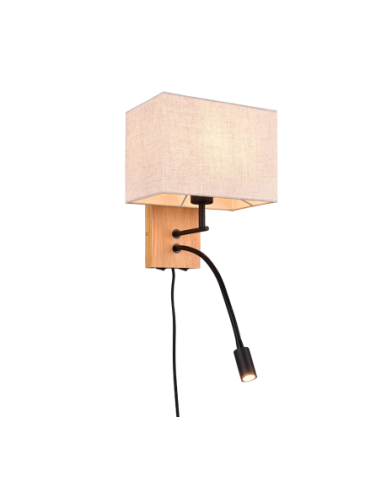 Trio – Nilam – Applique murale LED en bois naturel et tissu blanc, E27 + bras de lecture flexible